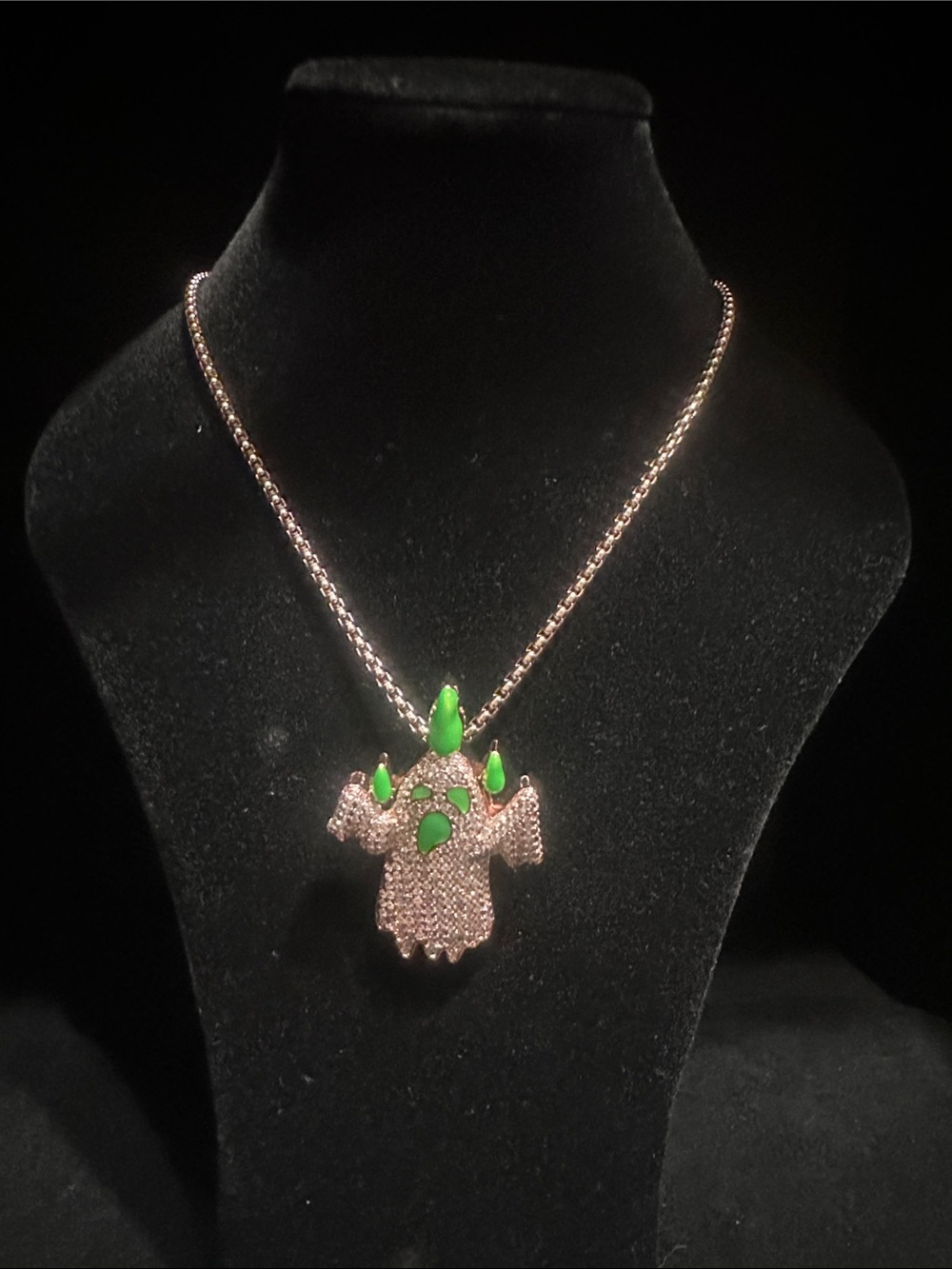 Rose Gold Ghost Pendant with green accented Necklace